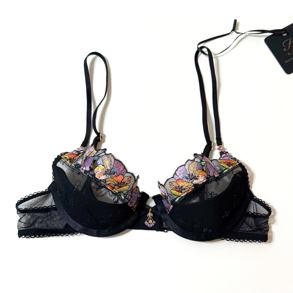HONEY BIRDETTE RHONA BLACK FLORAL PRINT SHEER MESH PUSHUP BRA - Picture 1 of 13